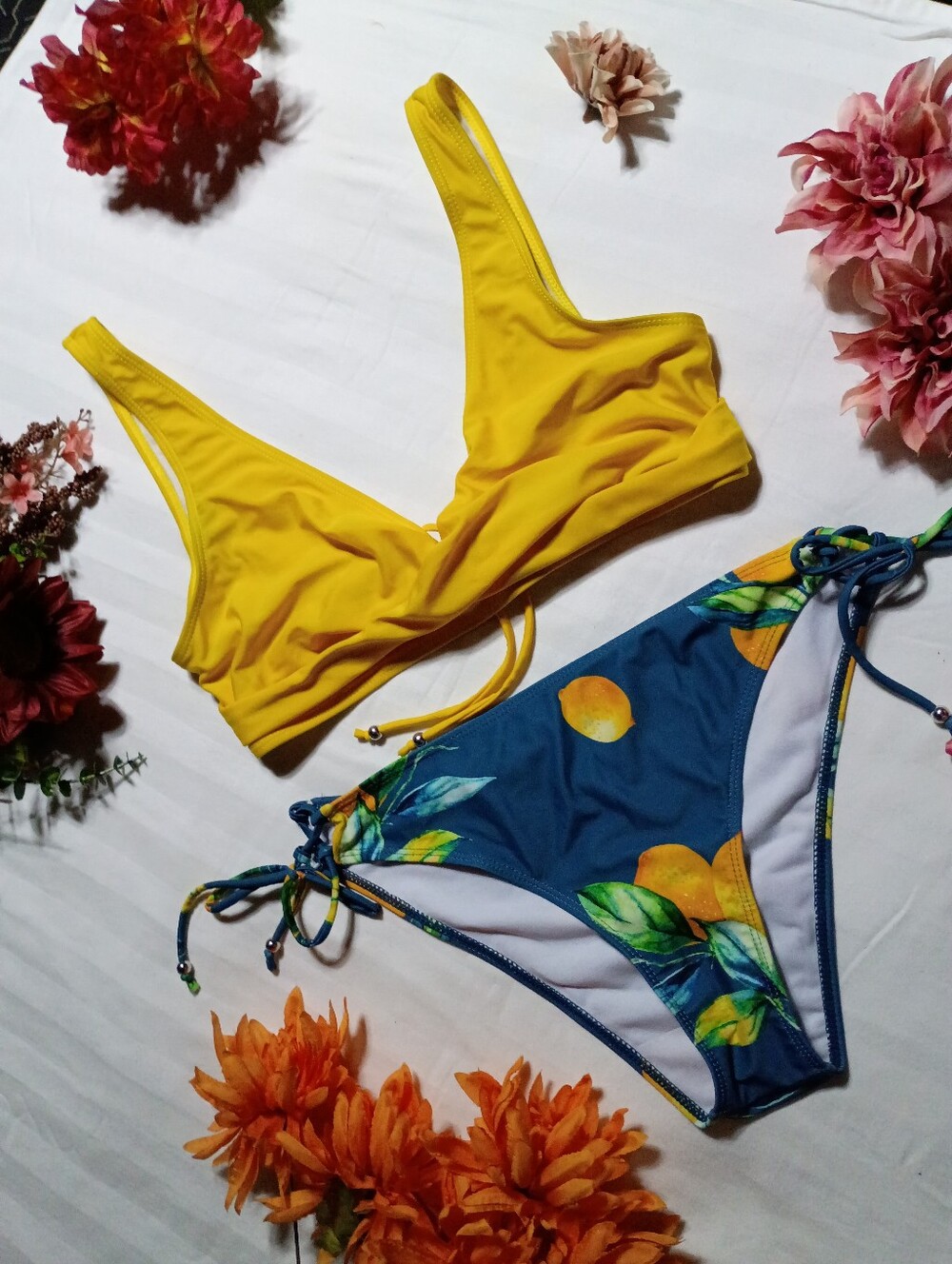 NWOT Yellow Triangle Bikini Top with Navy Lemon Print Bottoms